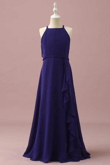 Fioletowa sukienka dla druhen Halter Chiffon Junior z kaskadowymi falbanami